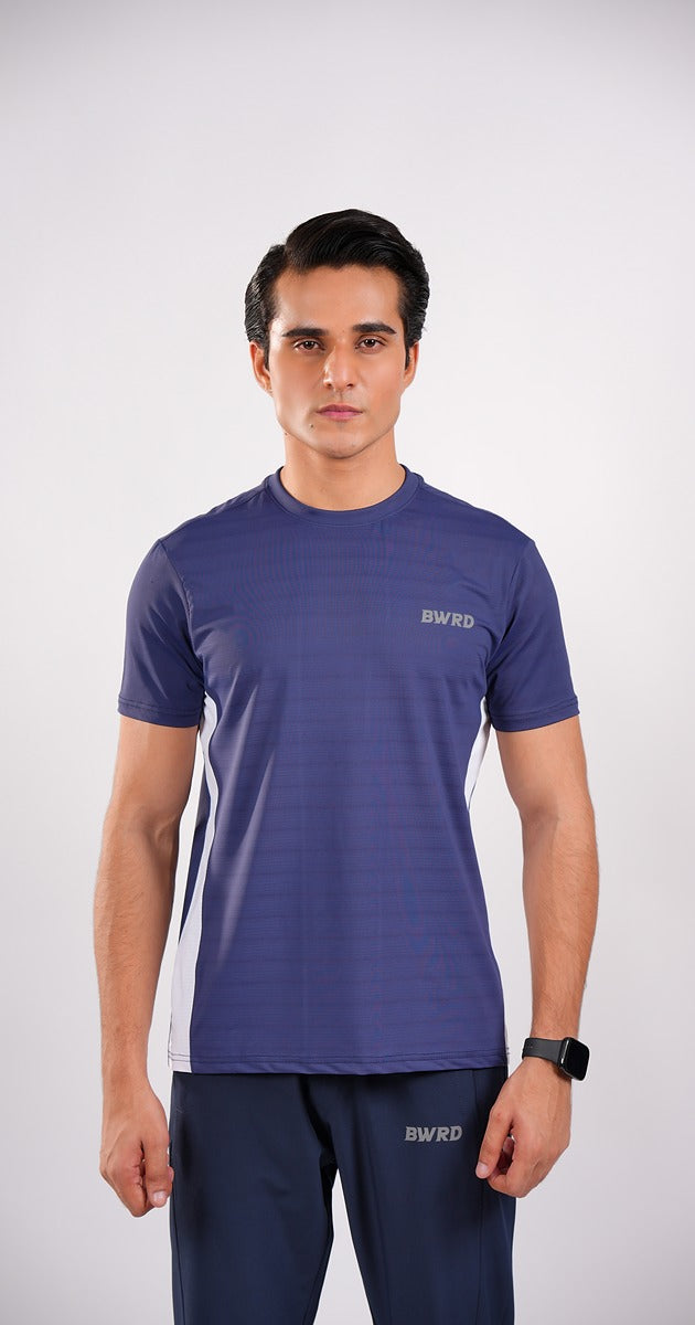 Stripe Polyester Navy Blue Tee Slim Fit