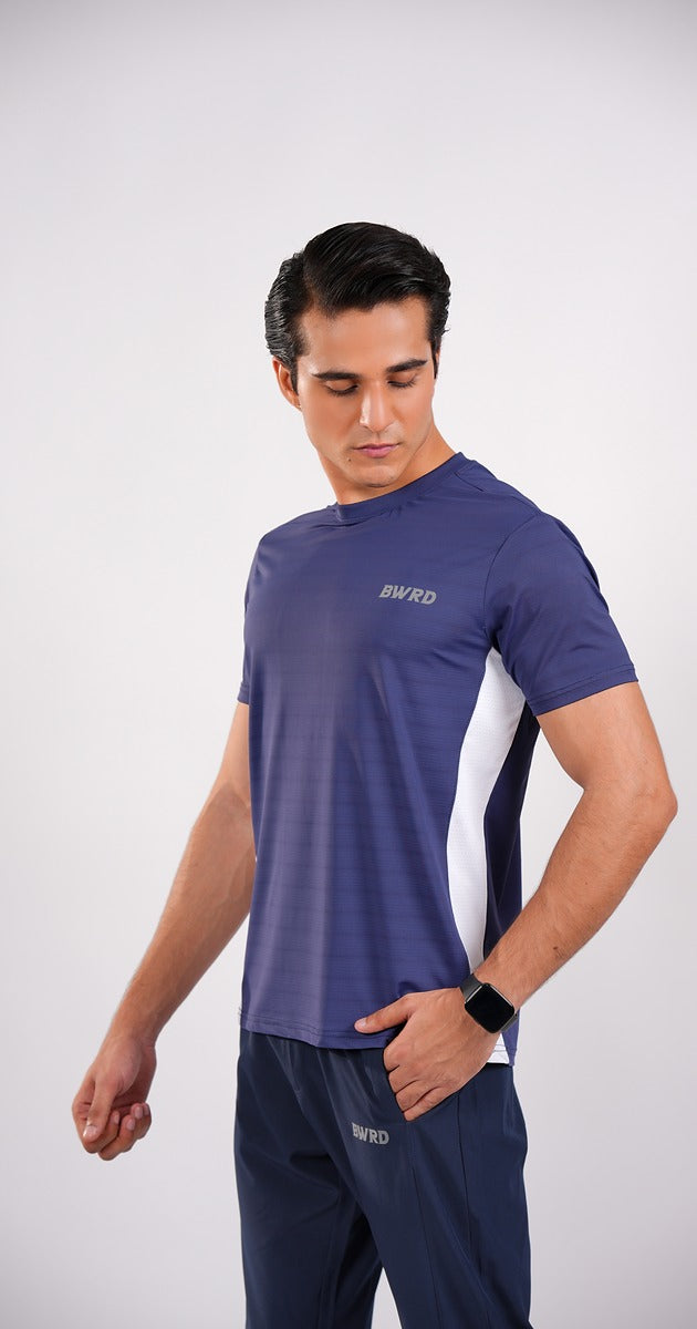 Stripe Polyester Navy Blue Tee Slim Fit